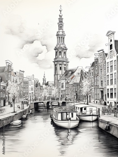 Beautiful rotterdam city black and white drawing picture AI Generated art
