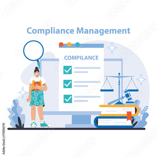 Compliance Management concept. Detailed illustration of regulatory adherence, legal standards, and policy enforcement in organizational processes. Systematic checks and balances depicted.
