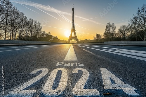Sunrise Behind the Eiffel Tower with "Paris 2024" Road Marking