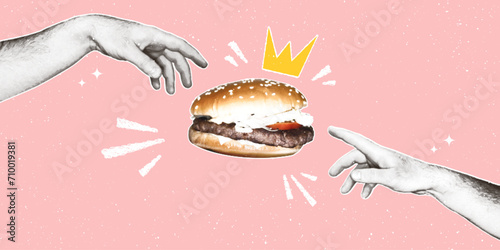 Male hands reach for a burger with a crown. Modern pop art illustration of fast food with halftone effect in retro collage style.