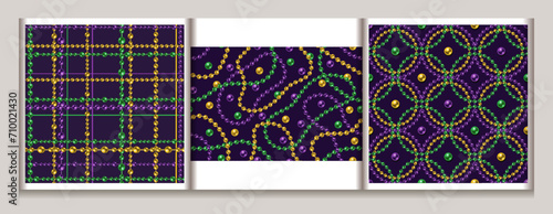 Mardi Gras seamless geometric pattern with intertwined overlapping bead strings, scattered beads, background. Vintage illustration for prints, clothing, holiday, surface design
