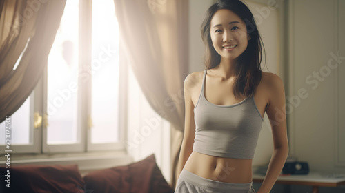 Asian woman dressed in casual clothes at home.