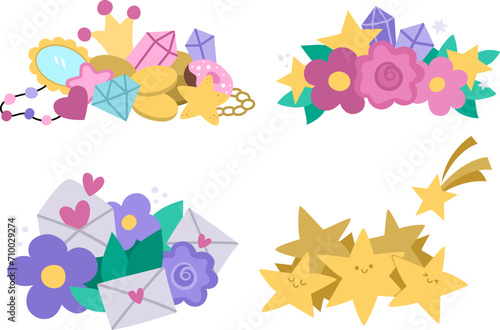 Vector unicorn treasures set. Cute compositions with letters, hearts, flowers, pile of fallen stars, diamonds and crown. Magic or fairytale icons collection.