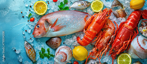 Assorted Fresh Seafood Display on Crushed Ice with Herbs and Lemon