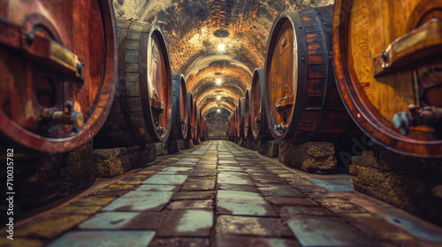 Vintage Wine Cellar with Oak Barrels Lined Up in an Ancient Vault