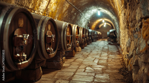 Vintage Wine Cellar with Oak Barrels Lined Up in an Ancient Vault