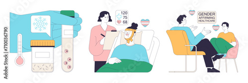 Gender transition process set. Gender-affirming therapy for transgender people. Gender dysphoria, coming out, hormone therapy and sex reassignment surgery. Flat vector illustration