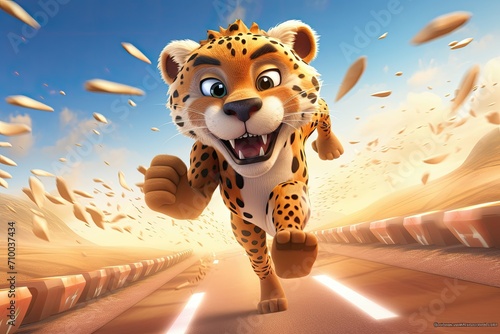 Animated cheetah in full sprint, scattering dust on a race track.