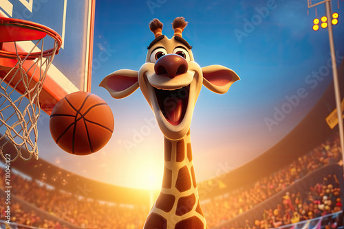 Giraffe dunking a basketball, ecstatic with game excitement.