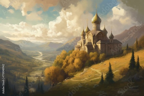 Painting of a historic church with domes in a serene valley surrounded by green mountains and cloudy sky. Generative AI