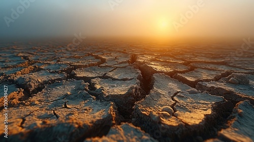Drought-cracked earth against the backdrop of fog. Generative AI.