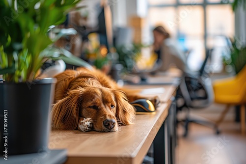 Pet friendly Workplace - An office environment where employees work at desks with their pets beside them - AI Generated