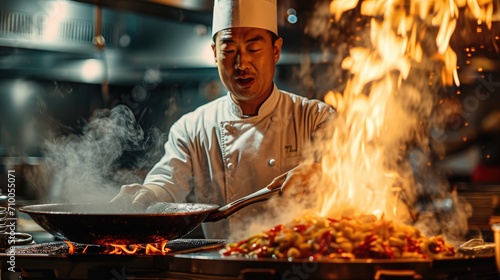 Chinese chef with a big pan cooking gourmet food. Generative AI.