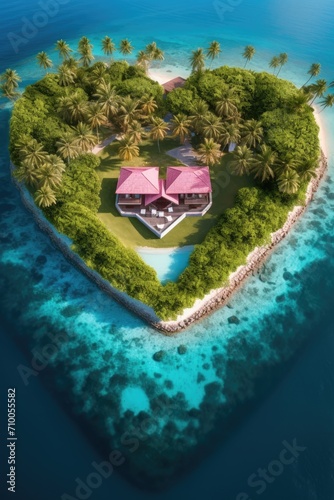 heart green tropical island with small pink house with pool, top view