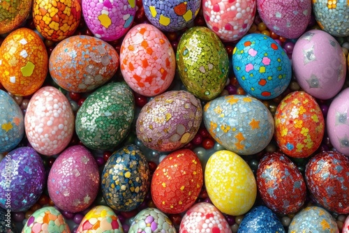 A vibrant mosaic of colorful Easter eggs with a glossy finish, easter background