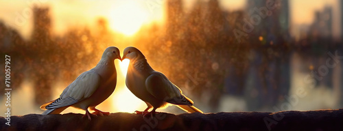 Two pigeons Sharing a Sunset Moment. A pair of lovebirds silhouette, their beaks touching in a tender display of affection. International Kissing Day. Panorama with copy space.