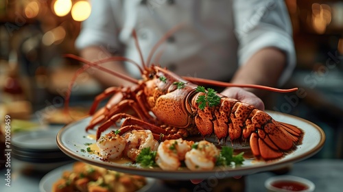 The chef carries a plate of large lobster on the table with other delicacies on the table. Generative AI.