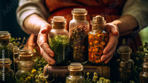 close-up of a woman holding supplements with herbs in her hands.Generative AI