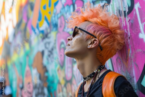 Portrait of peach haired young man wearing sunglasses and modern jewelry standing against graffiti wall. Concepts: teenagers, youth fashion, youth subcultures, nonconformism, challenge