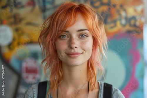 Street portrait of orange haired smiling young woman standing against graffiti wall. Concepts: teenagers, youth fashion, youth subcultures, nonconformism, challenge