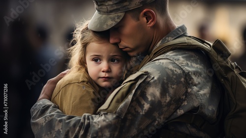 "Heartfelt farewell: Emotional soldier bids goodbye to his daughter, donning a uniform.