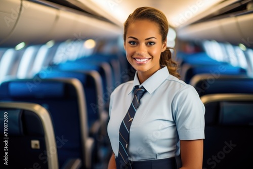Smiling female flight attendant in airplane cabin