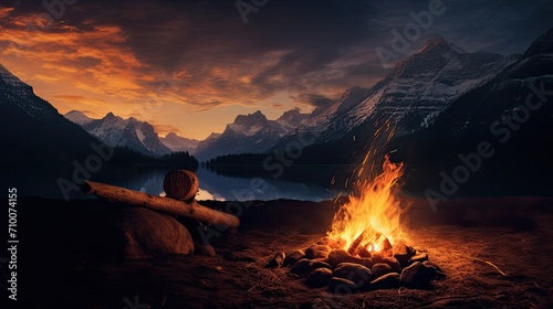 a fire in a mountain environment during the dark, the lighting, shadows and location of the fire correspond to the natural surroundings