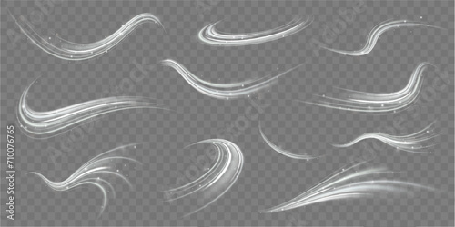 Luminous white lines of speed. Twist white line. Light trail wave, fire path trace line and incandescence curve twirl. Abstract motion lines. 