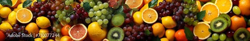 Horizontal image of many fruits, berries and citrus fruits as a background