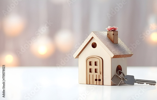 Model of cardboard house with key against bokeh background. house building, loan, real estate or buying a new home