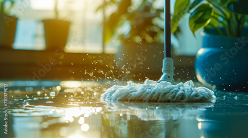 A mop-wielding cleaner conquers hard floors, banishing dirt and leaving behind a gleaming, well-polished surface