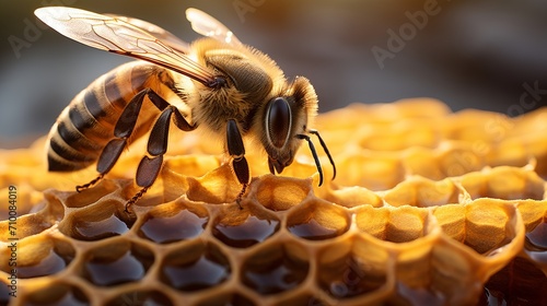 Serene moment. bee on honeycomb with golden honey, sony alpha 9 ii and fe 90mm f2.8 macro g oss lens