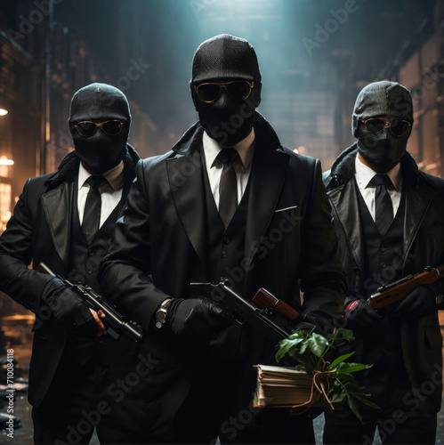 Three robbers pose with their weapons and their loot