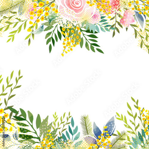 Frame with Yellow mimosa. Spring wreath of the brightest yellow flowers. Hello Spring . hand drawing. Not AI,