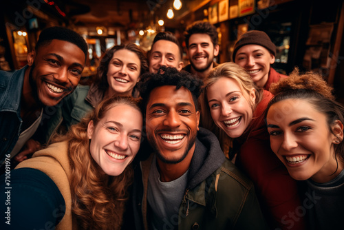 Selfie of a multiethnic group of friends in casual attire having a beer in a bar on the weekend. Nine people. Generative AI