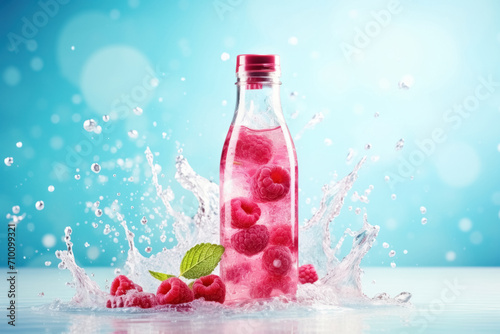Glass transparent bottle with refreshing drink detox infused water with raspberry. Isolated beverage with splashes on blue background