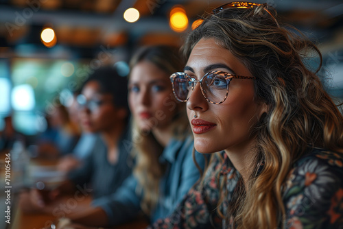 A caucasian woman with lip piercing wearing glasses and dark blouse with flowery patter is sitting in a bar. Middle aged female with long hair and beautiful makeup is having afterwork drink