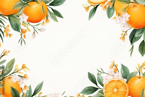 watercolor template floral picture frame of orange fruits with flowers and leaves on white background