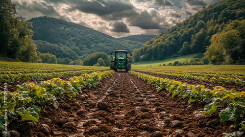 green tractor plowing cereal field with sky with clouds