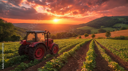 Modern blue tractor machinery plowing agricultural field meadow at farm at spring autumn during sunset. Farmer cultivating,make soil tillage before seeding plants,crops,nature countryside rural scene.