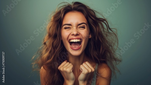 Euphoric young woman with flowing hair celebrates with a triumphant shout, exuding happiness and success against a teal backdrop