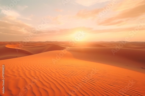 Sunset over the desert of Al Khatim in Abu Dhabi Emirates. Golden Sand Dune Desert Landscape Panorama. Beautiful sunset over the sand dunes in the Al Khatim in Abu Dhabi Emirates