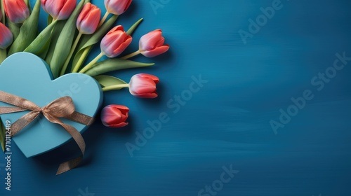 Festive spring background. A bouquet of tulips in the shape of a heart on a blue background. A greeting card with a place to copy for Valentine's Day, Women's Day and Mother's Day. View from above.