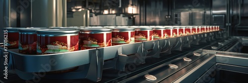 Canned food factory, cans with their contents move on a conveyor belt for labeling and marking, banner