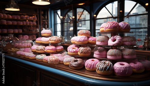 Large group of baked pastries in pink color generated by AI
