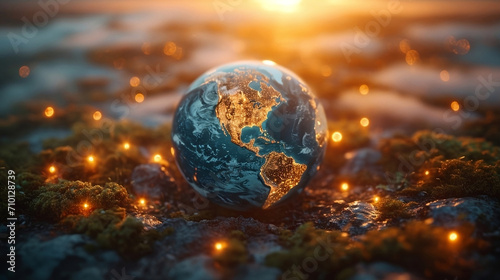 Globe in Miniature: Earth with Glistening Light Reflections, A Small-Scale Representation of Our Planet