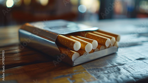 Pack of cigarettes placed on rustic wooden table. Suitable for illustrating smoking habits and addiction. Ideal for tobacco-related articles or campaigns.