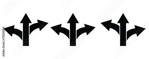 Three way arrow, three directional arrow vector isolated on white.