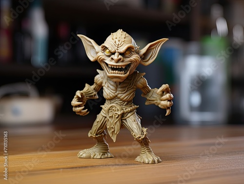 3d printed scary laughing plastic goblin figurine standing on a wooden table