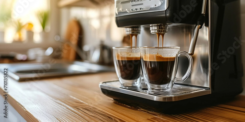 Modern coffee machine with double glass espresso cup on the kitchen table